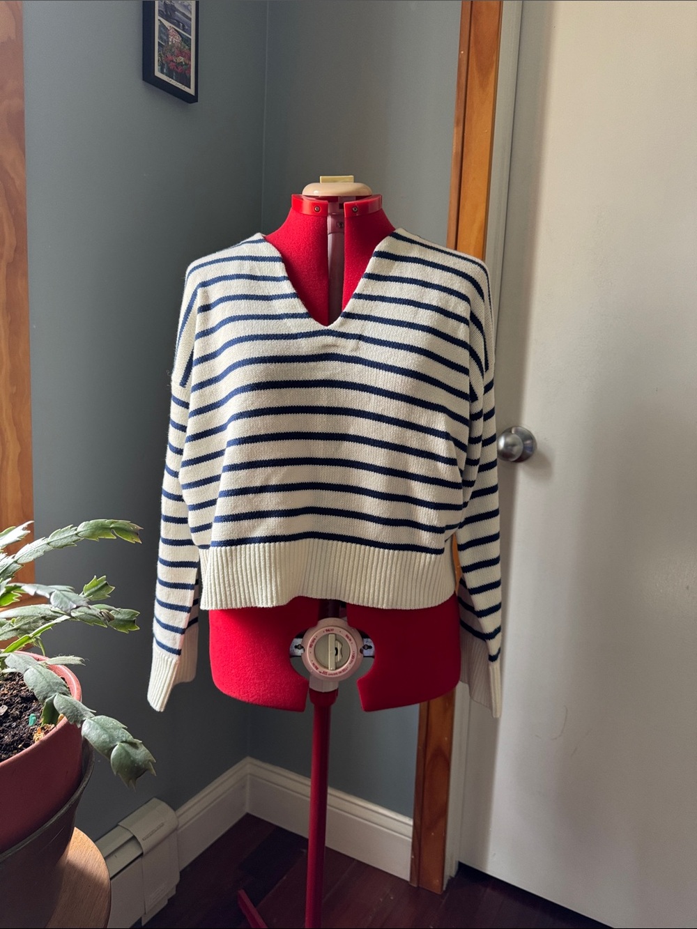 Striped V-Neck Sweater in Cream and Navy